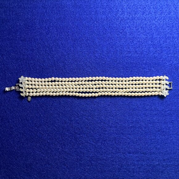 Vintage Faux Pearl Multistrand Bracelet | Cubic Zirconia Floral Clasp | Timeless - Picture 4 of 8